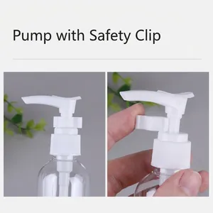 Clear PET pump bottle with white dispenser and security lock clip for travel toiletries