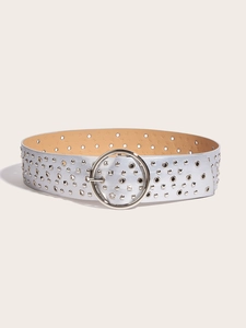 Detail of silver metallic PU leather belt with round buckle and decorative stud accents