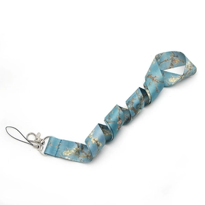 Detailed macro view of Van Gogh Almond Blossom print polyester lanyard with silver clasp
