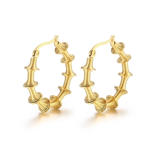 Gold stainless steel C-shaped bamboo spring earrings with spiral texture for women