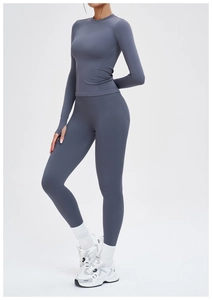 Nahtloses Yoga-Set in Dunkelgrau mit langärmeligem Oberteil und hoher Sporthose