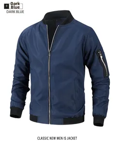 Detail of navy blue bomber jacket with rib-knit collar and functional arm pocket