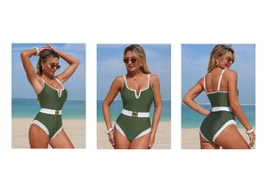 Detail view of military green one-piece swimsuit with V-neckline and detachable belted waist