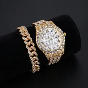 Luxurious Men's Hip Hop Iced Out Watch And Bracelet Set Stainless Steel Rhinestone Roman Numerals Date Quartz Watch Set