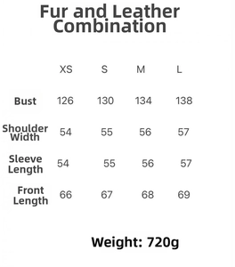 Size chart for faux shearling jacket showing bust, shoulder and sleeve measurements in cm