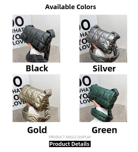 Detailed grid showing black, silver, gold, and green quilted puffer crossbody bags