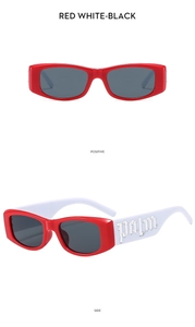 Detail view of red and white kids sunglasses with palm lettering and grey lenses