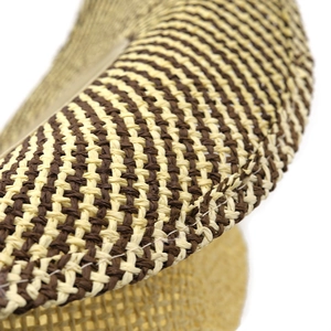 Detailed close-up of woven raffia straw hat showing precise striped texture and stitching