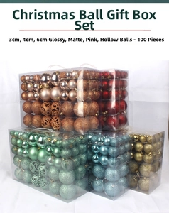 Detailed set of 100 assorted Christmas ornaments in shiny, matte, and glitter finishes
