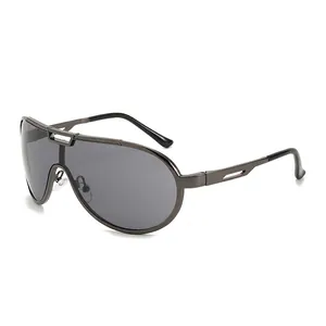 Fashionable gunmetal frame oversized sunglasses with dark gray lenses in a 45-degree angle