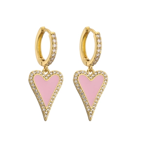 Detailed view of pink heart earring with micro-pave cubic zirconia on gold plating