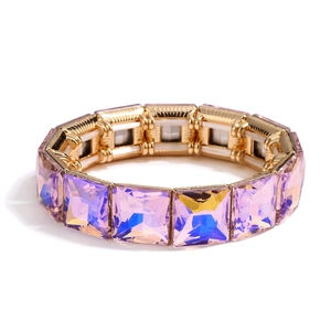 Fashionable geometric bracelet with square purple crystals and gold plated elastic band