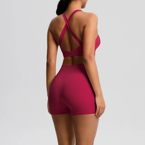 Makrodetail des Cross-Back-Sport-BHs und der High-Waist-Shorts in kräftigem Rosarot