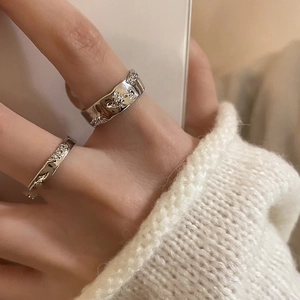 Irregular Wrinkled Copper Open Ring For Women Minimalist Adjustable Geometric Zircon Inlaid Fashion Finger Jewelry