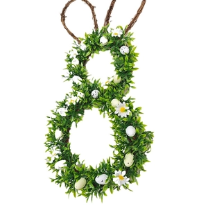 Easter bunny wreath with green leaves, white daisies and colorful eggs for door decoration