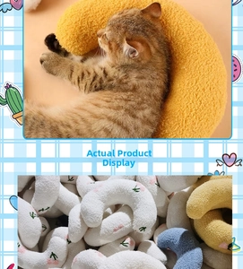 Close-up of soft U-shaped pet neck pillows with cute cherry prints and bright colors