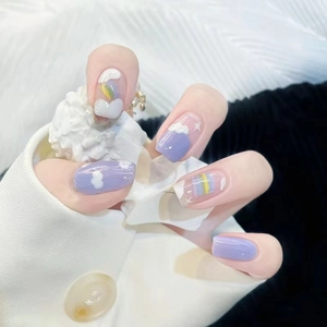 Purple Press On Nails Cloud Rainbow Star Pattern ABS Resin Glossy Square Round Shape Cute Sweet Style For Women