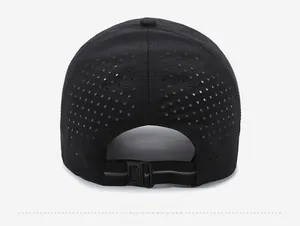 Rear view of black breathable sport baseball cap with laser-cut holes and adjustable strap