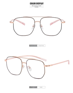 Detail of black rose gold double bridge metal frames in front and 45-degree angle views