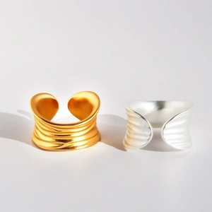 Minimalist Vintage Brass Wavy Texture Adjustable Open Ring For Women Gold Silver Plated Geometric Sculpture Finger Jewelry