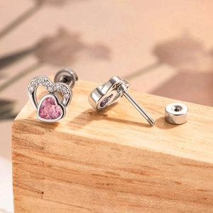 Silver titanium steel heart stud earrings with pink gemstone and zircon inlays