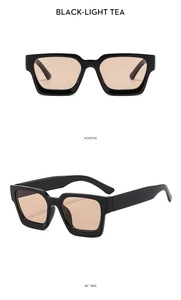 Front and 45-degree side view of retro black square sunglasses with light tea lenses