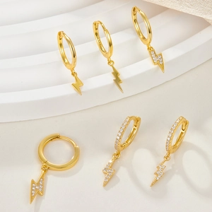 Elegant set of S925 sterling silver lightning bolt hoop earrings with cubic zirconia stones