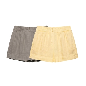 Women's pure linen shorts set featuring elastic waist with button detail in grey and yellow