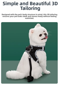 Detail of breathable black mesh pet harness with reflective straps on white dog