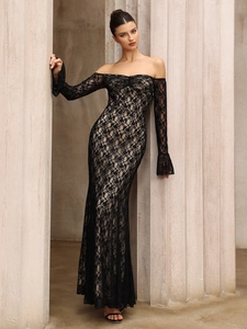 Elegant off-shoulder black lace maxi dress with long sleeves and a slim mermaid fit