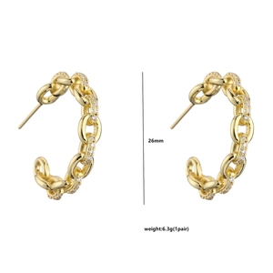 Detail view of 26mm gold-plated U-shaped chain earrings with cubic zirconia stones