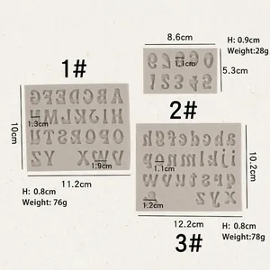 Detailed size specifications for silicone alphabet and number fondant molds in light grey