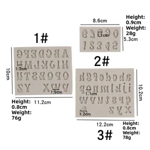 Detailed size specifications for silicone alphabet and number fondant molds in light grey