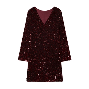 Elegant deep red long sleeve dress with shimmering sequins and classic V-neck style