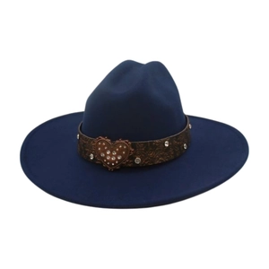 Western Cowboy Hat For Women Woolen Felt Wide Brim Fedora With Heart Rhinestone Buckle Embossed Band Vintage Retro Style