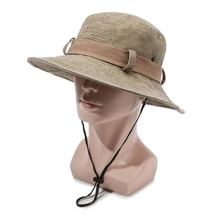 Outdoor washed khaki cotton bucket hat with adjustable chin strap and embroidery