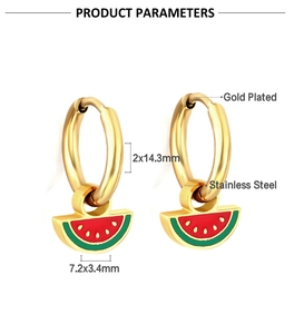 Detail view of gold-plated stainless steel watermelon earrings with product dimensions