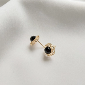 Vintage Black Agate Stud Earrings With 925 Sterling Silver Earring Post Round Filigree Gold Plated Retro Style For Women