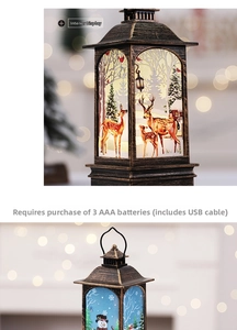 Detail of Christmas lantern featuring deer illustration and dual USB or battery power options