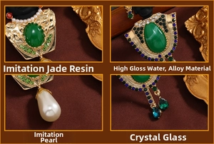Detailed views of vintage exotic brooch with green resin, rhinestones and pearl tassels