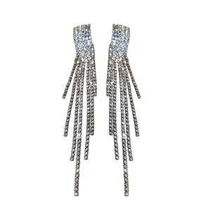 Luxurious long silver tassel earrings with sparkling rhinestones in a vertical layout