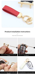 Installation guide for checkered leather car keychain with gold hardware and D-ring