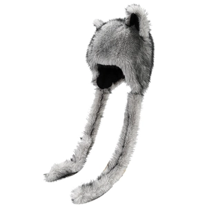 Cute wolf faux fur aviator hat with 3D ears and braided earflaps for winter warmth