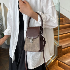 Chic dark brown leather flap square crossbody bag with round handle and silver lock