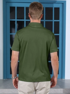 Back view of olive green polo shirt showing shoulder seams and premium fabric texture