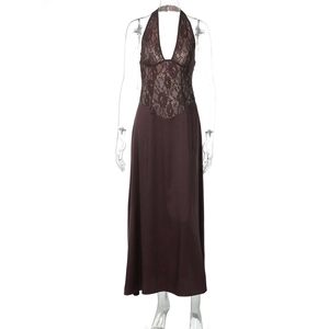 Detail of elegant chocolate brown halter dress showing lace bodice and satin texture