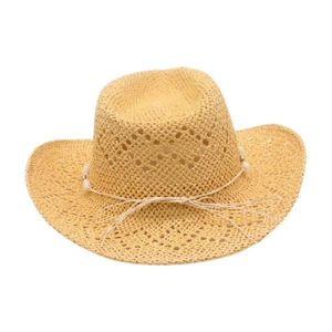 Close-up of woven straw cowboy hat with decorative beaded cord and wide curved brim
