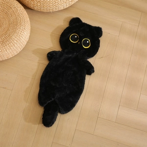 Long black cartoon cat plush pillow cover made of soft faux fur with yellow embroidery