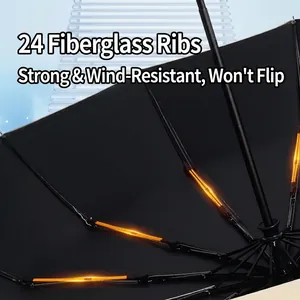 Strong 24-rib automatic folding umbrella with reinforced fiberglass frame structure