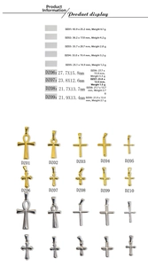 Detailed size chart for stainless steel cross pendants with dimensions and weights